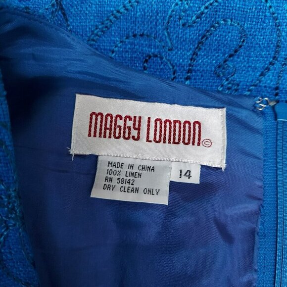VTG Maggy London Blue Embroidered Flowers Dress, Cap Sleeves, Size 14 Vintage - Picture 8 of 9